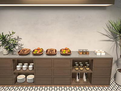 Modern Dark Brown Sideboard With Fruit Baskets Nuts Spice Jars Cups And Potted Plants 3d model