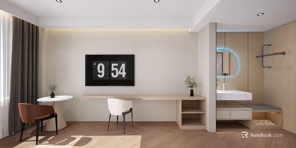 Modern Hotel Room Interior With TV Wooden Desk White Chair Green Plants And Mirror 3d model 