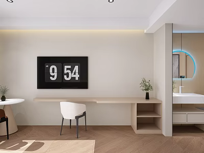 Modern Hotel Room Interior With TV Wooden Desk White Chair Green Plants And Mirror 3d model