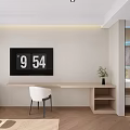 Modern Hotel Room Interior With TV Wooden Desk White Chair Green Plants And Mirror