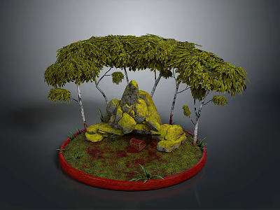 Wooden Trees and Stone Rocks Decorative Design with Circular Grass Base 3d model