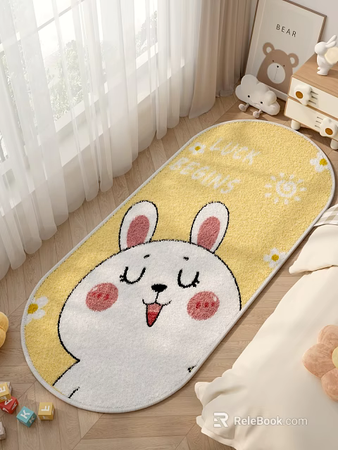 Cozy Bedroom Interior With Yellow Rabbit Design Rug And LUCK BEGINS Text 3d model 