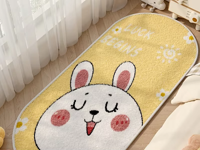 Cozy Bedroom Interior With Yellow Rabbit Design Rug And LUCK BEGINS Text 3d model