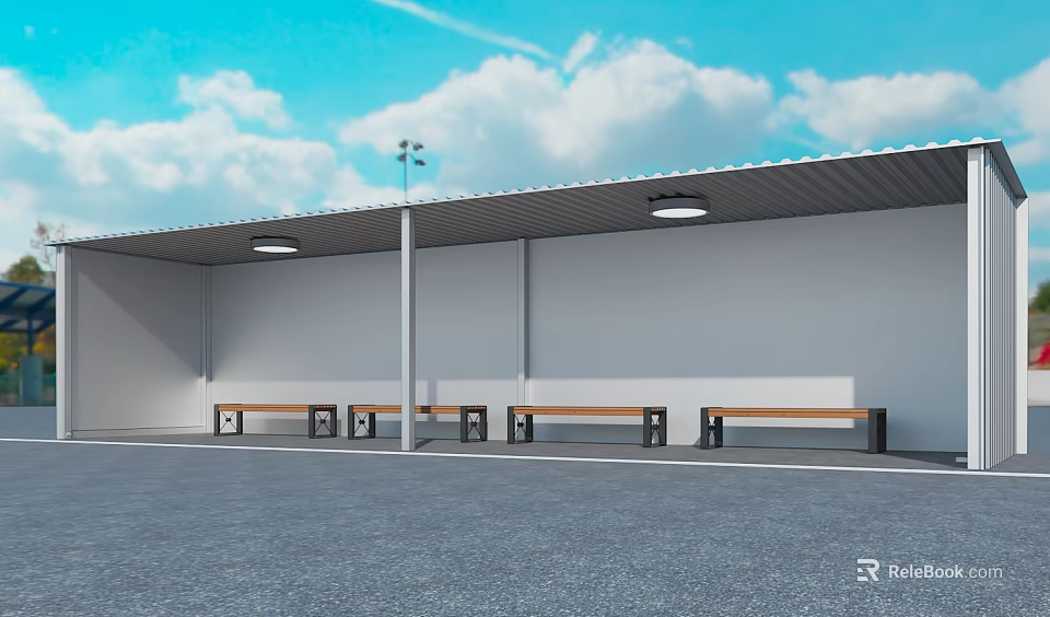 Outdoor Covered Area With Benches Light Pole Gray Pavement Blue Sky And White Clouds 3d model 