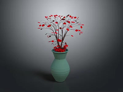 Green Vase Adorned With Red Leaves And Branches In Minimalist 3d model