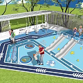 Outdoor Pergola in Children's Play Area With Slides Star Airplane Floor Patterns and Trees