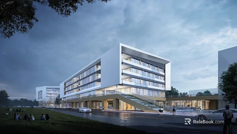 Modern Multi Storey School Building With Glass Windows Entrance Steps And Surrounding Greenery 3d model 