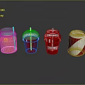 Colorful Beverages With Pink Red Liquid In Cups With Straws And Canned Drink