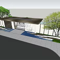 Modern Entrance Gate Design With Glass Panels Marble Walls Green Trees And Cloudy Sky