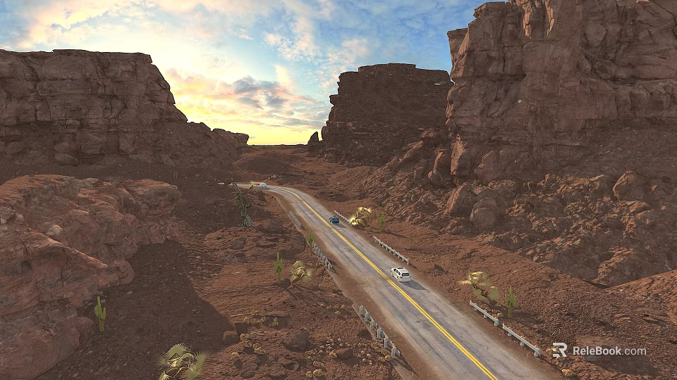 Stunning Sunset Desert Canyon Highway Landscape With Red Rock Cliffs Cactus And Traveling Cars 3d model 