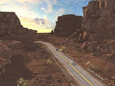 Stunning Sunset Desert Canyon Highway Landscape With Red Rock Cliffs Cactus And Traveling Cars 3d model