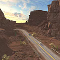 Stunning Sunset Desert Canyon Highway Landscape With Red Rock Cliffs Cactus And Traveling Cars