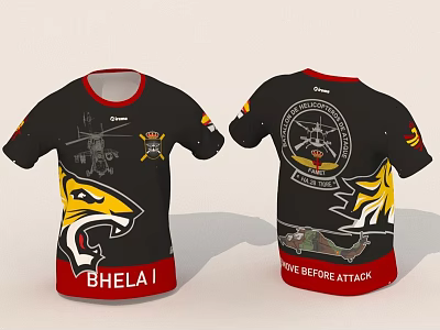 BHELA I Graphic T shirt With Yellow Animal Head Badge And Strike Before Attack Plane Design 3d model