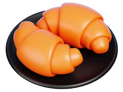 Two Fresh Orange Croissants Placed on Black Ceramic Plate for Breakfast Treat 3d model