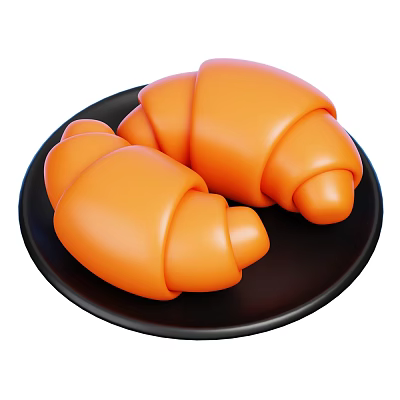 Two Fresh Orange Croissants Placed on Black Ceramic Plate for Breakfast Treat 3d model