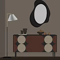 Entryway Console Table with Black Brown White Geometric Pattern Black Irregular Mirror and Floor Lamp