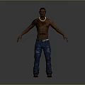 A Shirtless Man With Chest Tattoos And Necklace In Blue Jeans And Brown Shoes