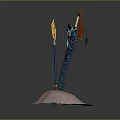 Vibrant Ancient Weapons With Colorful Flags On Pink Sparkling Display Base