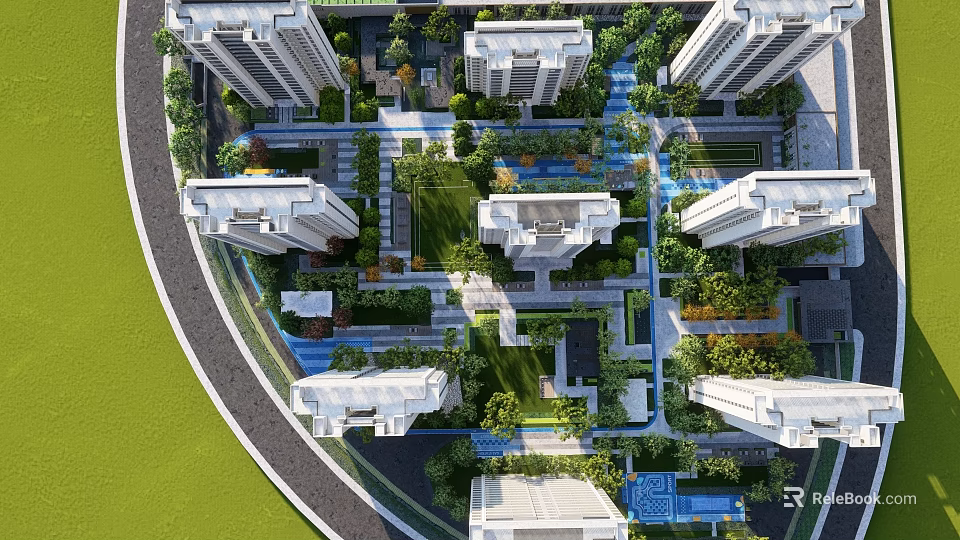 Modern Residential Landscape With Green Spaces Water Features And High Rise Buildings 3d model 
