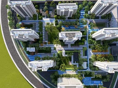 Modern Residential Landscape With Green Spaces Water Features And High Rise Buildings 3d model