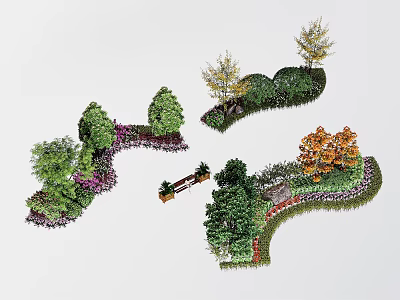 Diverse Ornamental Trees in Garden Landscape with Shrubs Pathways and Wooden Bench 3d model