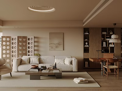 Living Room Interior With Beige Sofa Coffee Table Circular Pattern Divider And Wooden Bookshelves 3d model