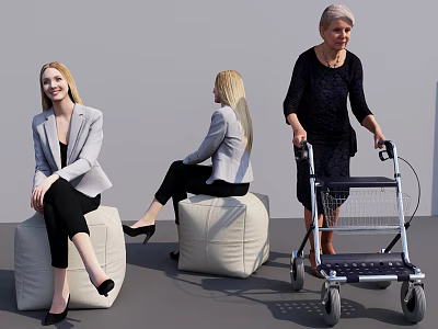 Women In Gray Blazer And Black Dress Sitting On Bean Bags Pushing Walker Cart 3d model