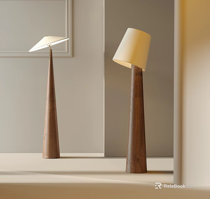 Modern Wooden Floor Lamps With Different Lamp Shades In Minimalist Interior 3d model 