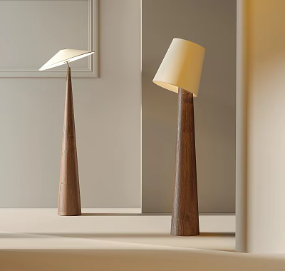 Modern Wooden Floor Lamps With Different Lamp Shades In Minimalist Interior 3d model