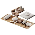 Essential Household Items Including Rolled Towels Round Cushions Square Blocks And Dumbbells