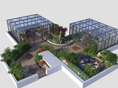 Rooftop Garden Design With Glass Greenhouses Various Plants Decorative Elements And Greenery 3d model
