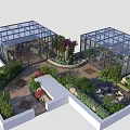 Rooftop Garden Design With Glass Greenhouses Various Plants Decorative Elements And Greenery