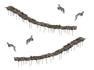 Rustic Curved Wooden Bridge Structure With Planks And Scattered Segments 3d model