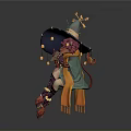 3D Model Female Witch With Red Hair Green Clothing And Decorative Hat In Sitting Pose