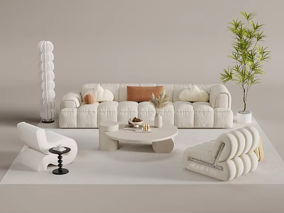 Modern Minimalist Sofa Coffee Table Set With Plush Cushions Green Plant And Decorative Items 3d model
