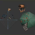 Outdoor Backyard Setup With Clothesline Umbrella Table And Garden Tools