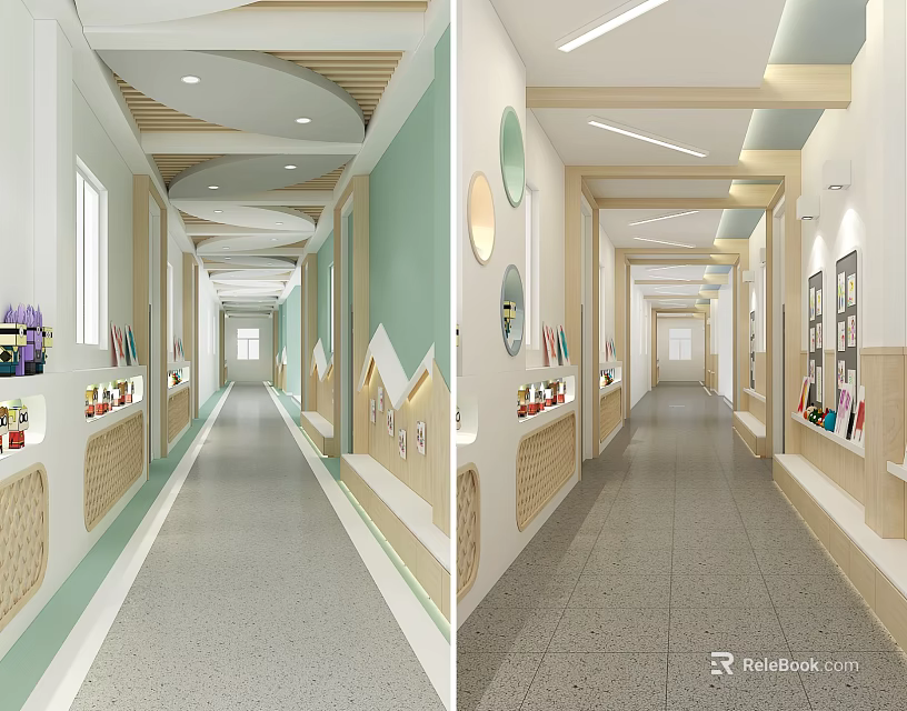 Modern Elevator Hallway Design With Decorative Mirrors Display Shelves And Soft Lighting 3d model