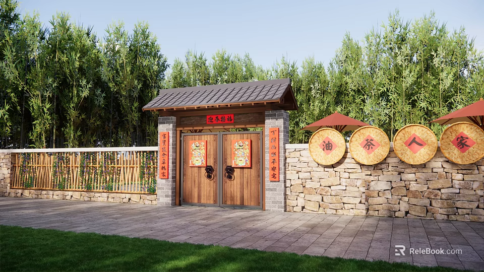 Traditional Chinese Wooden Entrance Gate With Tiled Roof Red Couplets Stone Wall And Bamboo Forest 3d model 