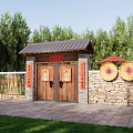 Traditional Chinese Wooden Entrance Gate With Tiled Roof Red Couplets Stone Wall And Bamboo Forest
