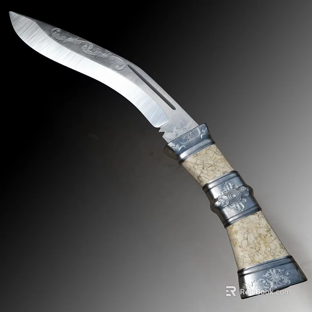 Decorative Handcrafted Knife with Engraved Blade and Ivory Patterned Handle Silver Accent Rings Intricate Carvings 3d model 