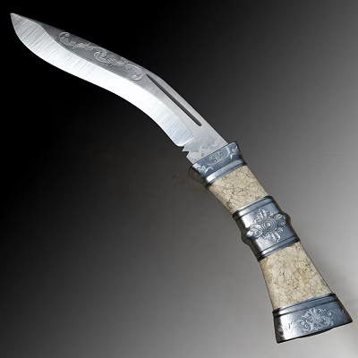 Decorative Handcrafted Knife with Engraved Blade and Ivory Patterned Handle Silver Accent Rings Intricate Carvings 3d model