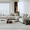 Modern White Living Room Interior With Floor-to-Ceiling Windows Sofa Armchairs And Coffee Table Rug