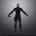 3D Character Model With White Hair Black Tight Outfit Knee Pads And Dagger