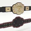 Two Classic Championship Belts with Gold Emblem Black Straps Red Accents