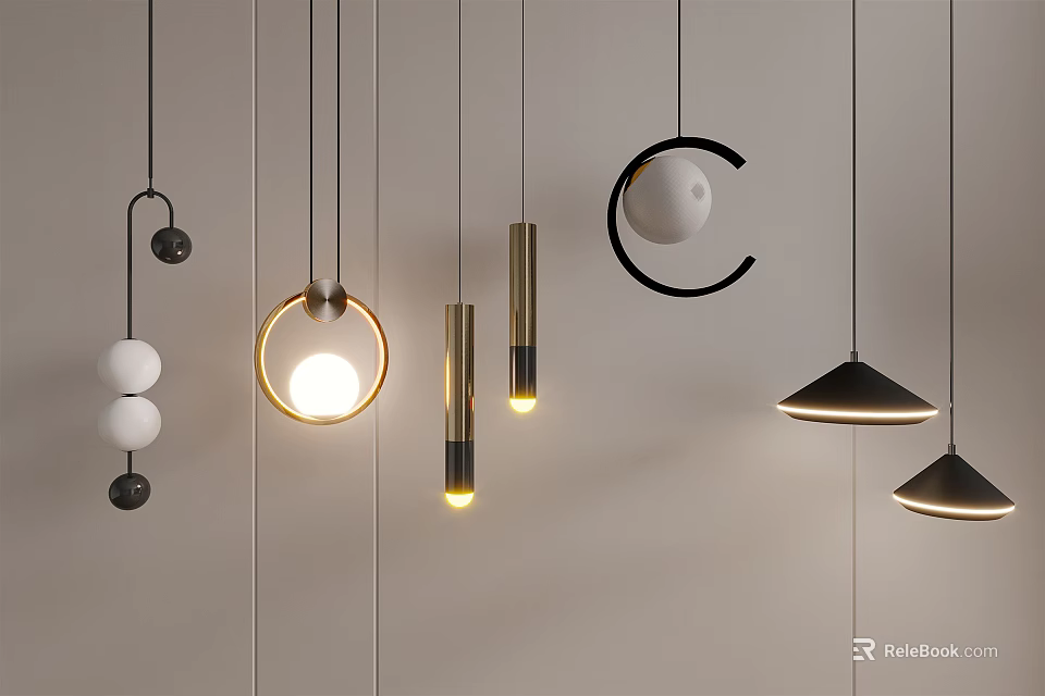 Modern Pendant Lights With Circular Spherical Cylindrical Shapes In Black Gold White 3d model 