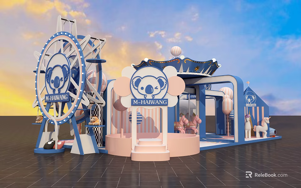 KOALAWANG Kids Friendly Playground With Blue Pink Ferris Wheel And Carousel Structure 3d model 
