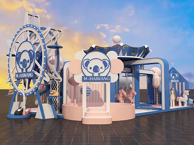 KOALAWANG Kids Friendly Playground With Blue Pink Ferris Wheel And Carousel Structure 3d model