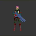Futuristic Sci Fi Warrior In Blue White Red Outfit With Helmet And Large Tactical Rifle