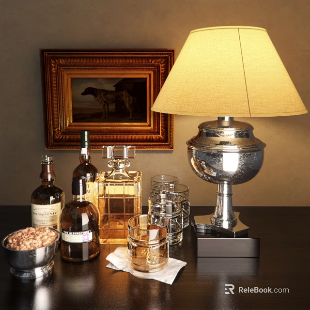 Wine Bottles and Glasses on Wooden Table with Table Lamp Picture Frame and Nut Bowl 3d model 
