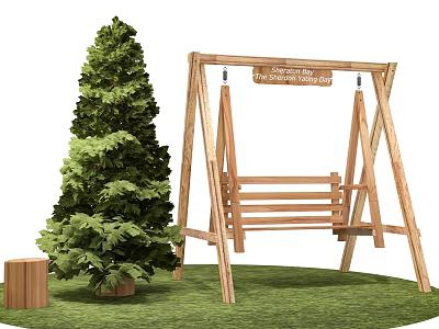 Floral Display For Flower Fair With Wooden Swing Green Tree And Wooden Stump 3d model